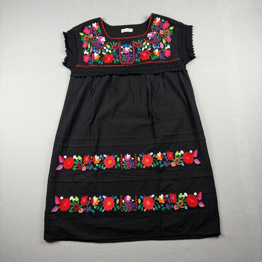 Black Embroidered Latina Floral Dress Cotton XXL